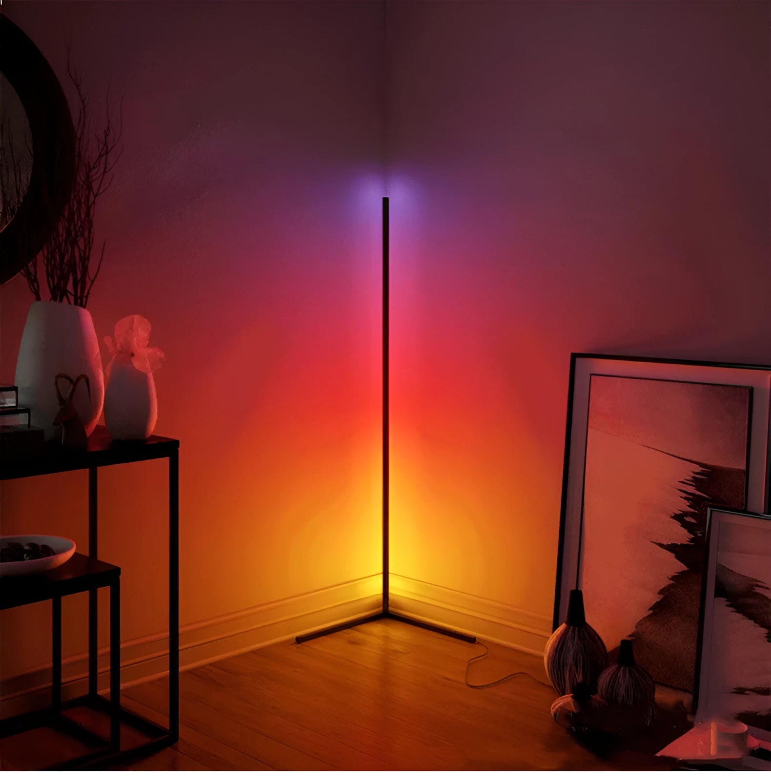 Nordic RGB corner floor lamp with aluminium shade, PVC body, 1.42m height, black stand, remote control