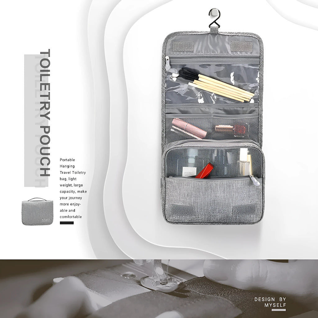 Waterproof nylon hanging toiletry bag with four zippered compartments and swivel hook, available in six colours.