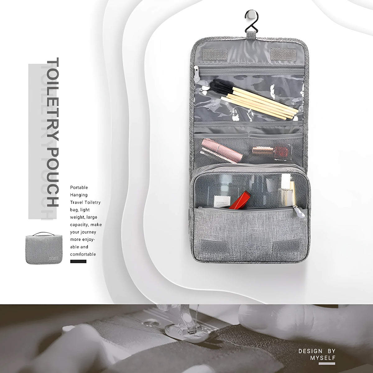 Waterproof nylon hanging toiletry bag with four zippered compartments and swivel hook, available in six colours.
