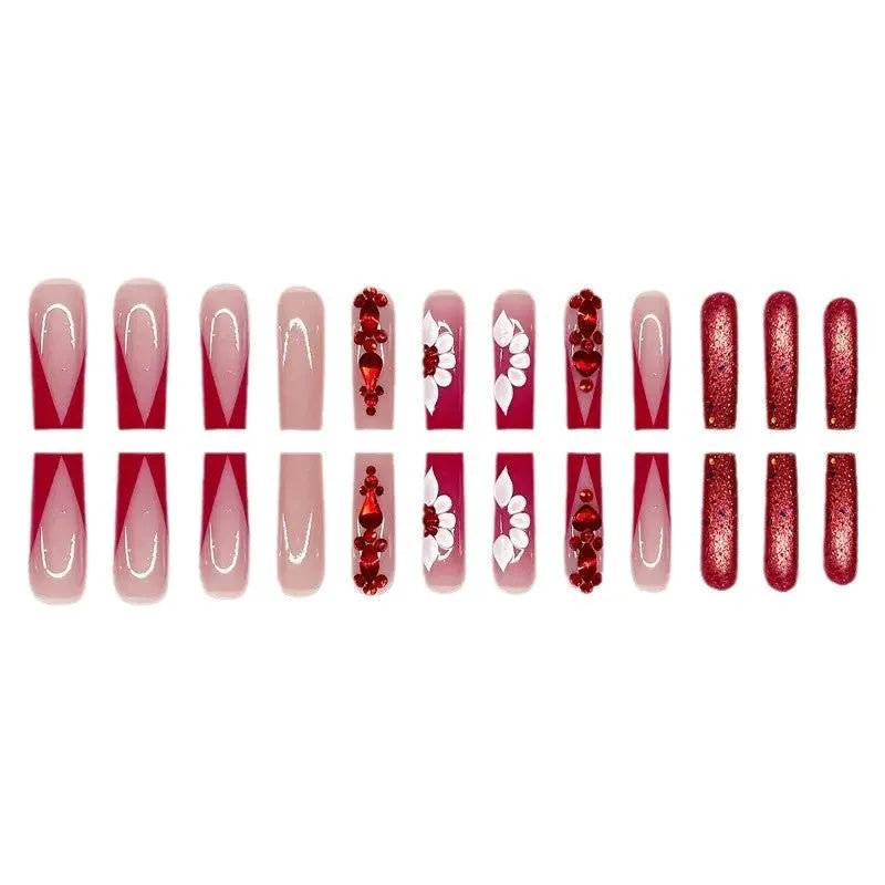 Sweet flowers pattern prismatic red diamond artificial nails in long European square style