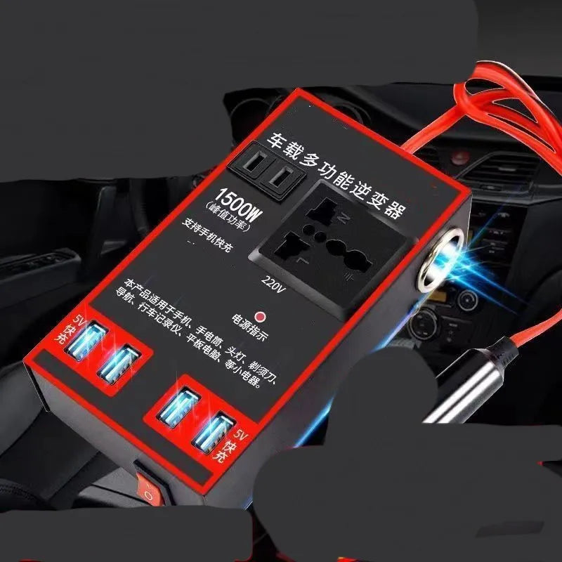 Black automotive power converter transforming 12V/24V vehicle power to 220V with USB charging ports