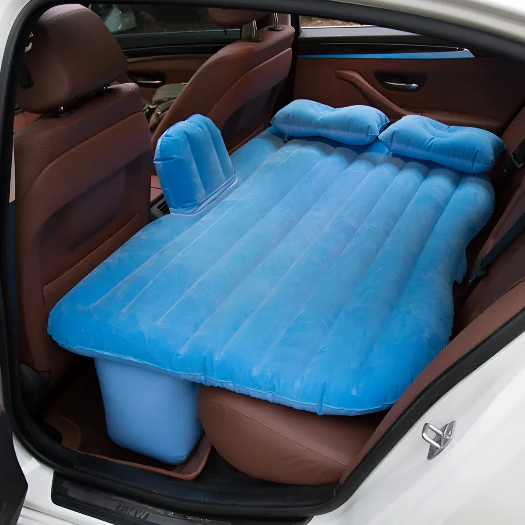 Inflatable car rear bed in black, grey, beige, or blue, 135cm by 80cm, with PVC and flocking surface and two pillows.