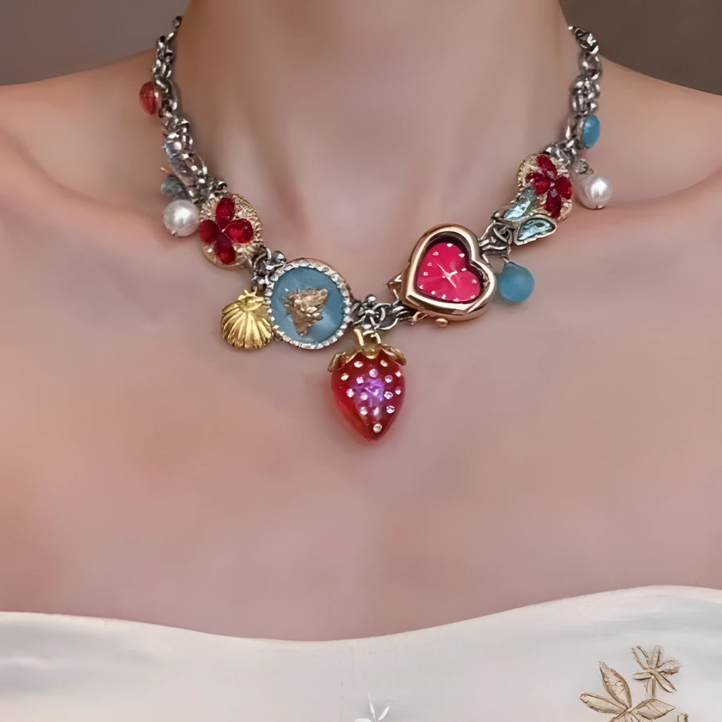Red titanium steel necklace with strawberry, clock and butterfly charms, 1pc online exclusive accessory