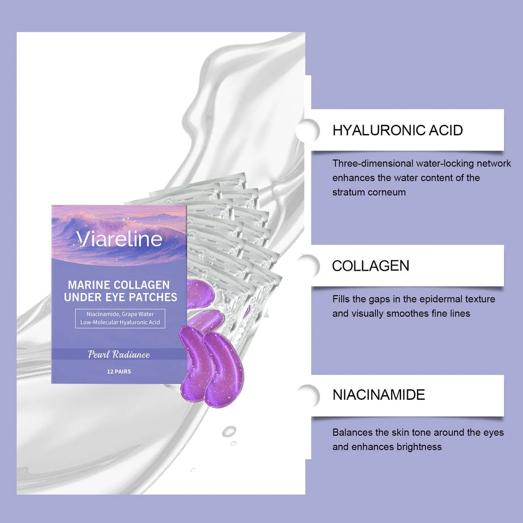 A box containing 12 pairs of collagen and hyaluronic acid eye masks for skincare.