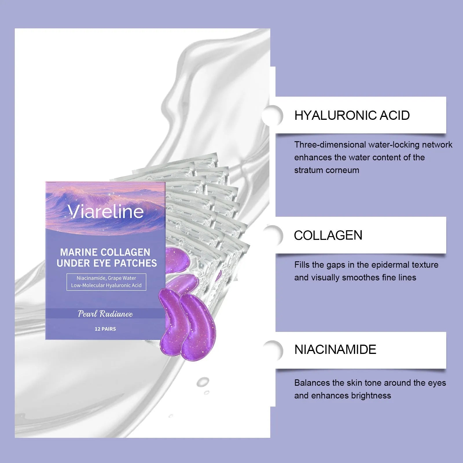 A box containing 12 pairs of collagen and hyaluronic acid eye masks for skincare.