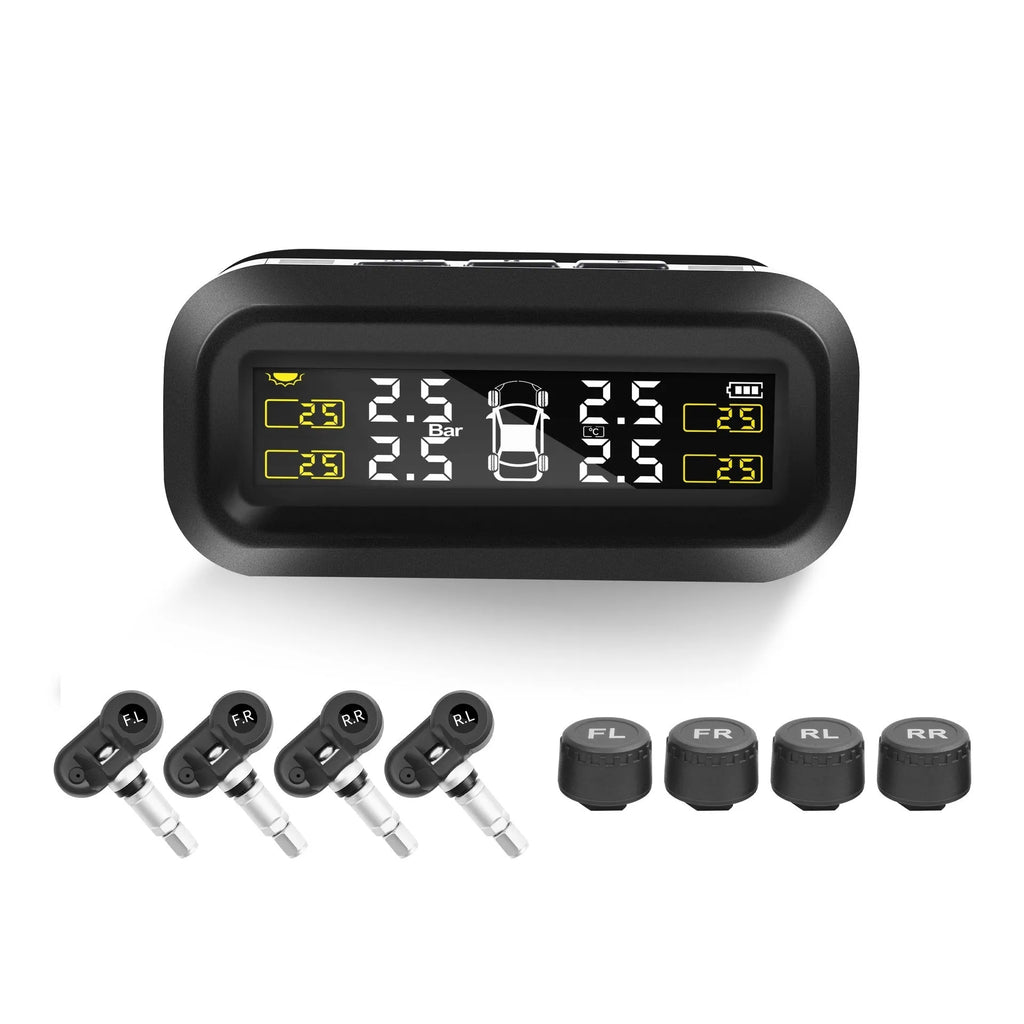 Solar car tyre pressure monitor with colour screen display and wireless anti-theft sensors
