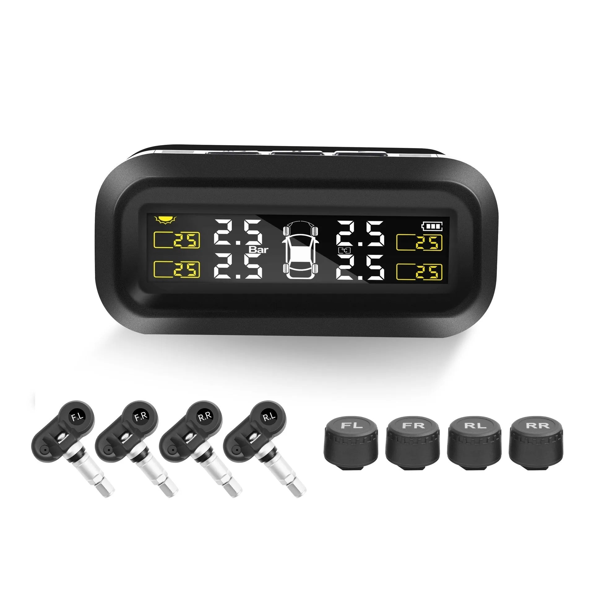 Solar car tyre pressure monitor with colour screen display and wireless anti-theft sensors