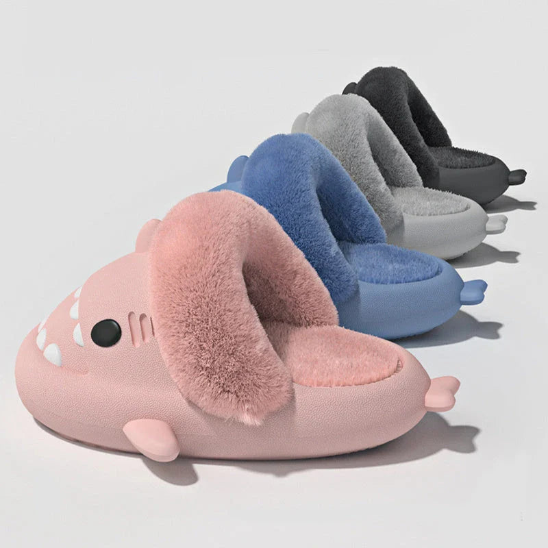 Cozy and stylish shark-themed slippers with plush, fuzzy interior and durable, non-slip outsole for comfortable indoor and outdoor use