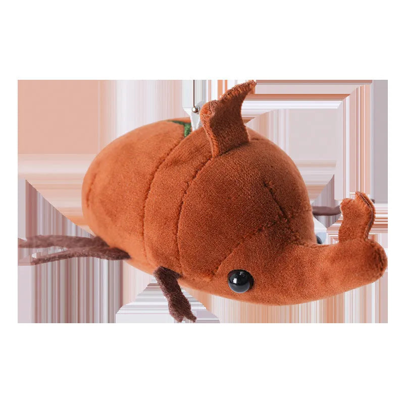 Small black Japanese rhinoceros beetle plush doll pendant keychain with red horn, 10cm tall.