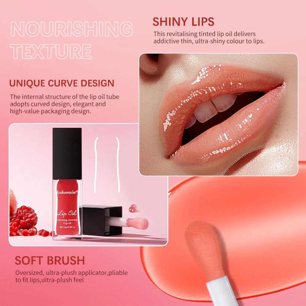 Glow Lip Gloss lip oil tube in 8ml size showing seven shade options