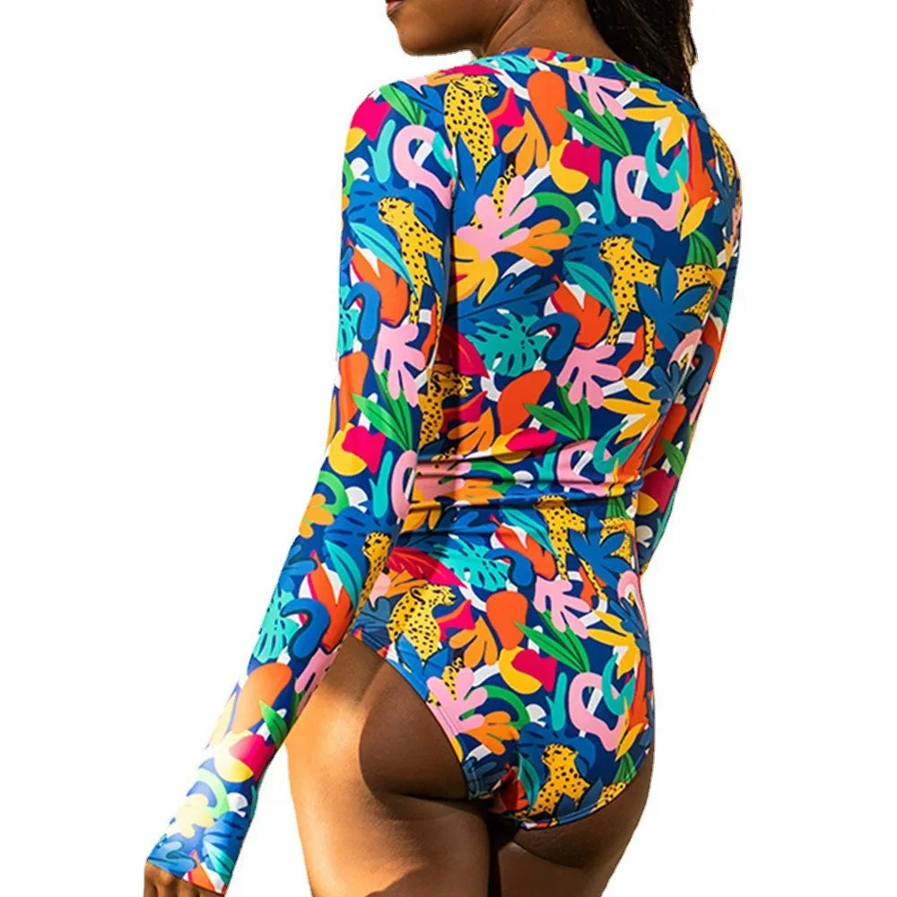 Women's one-piece long sleeve printed polyester swimsuit in blue for swimming and wading