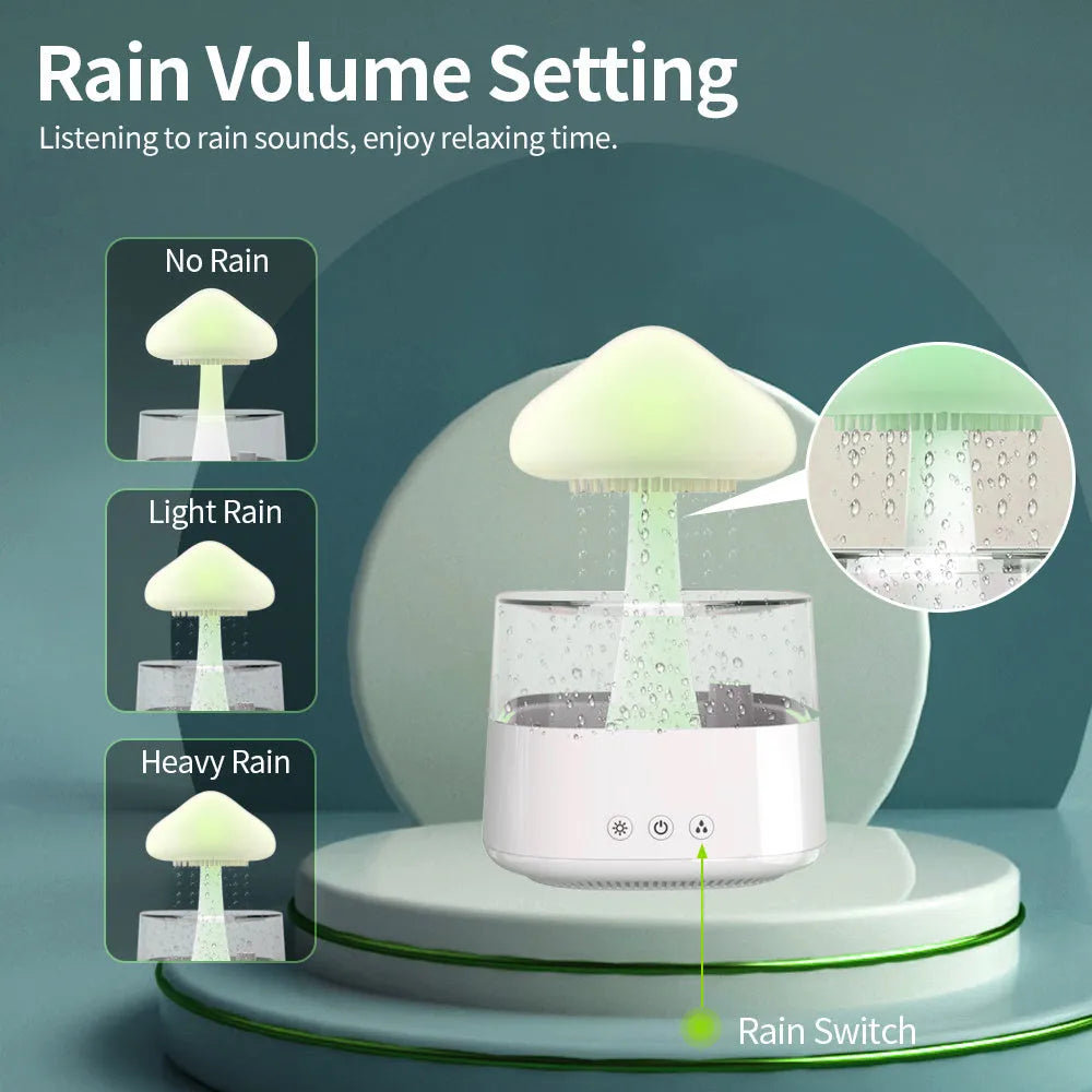 White raining cloud desk humidifier and night light with mushroom lamp design for aromatherapy