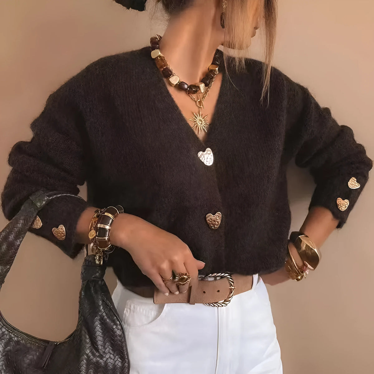Women's loose metal buckle sweater cardigan coat in solid coffee colour, long sleeve cardigan style, sizes S to XL.