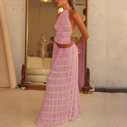 Sleeveless backless cropped halter top and pleated maxi dress set in various colors