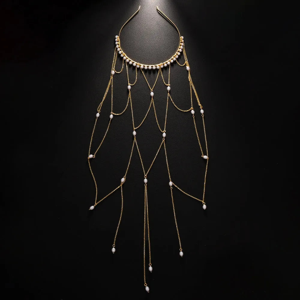 Gold mesh tassel hair chain with genuine pearl decorations for women's fashion styling