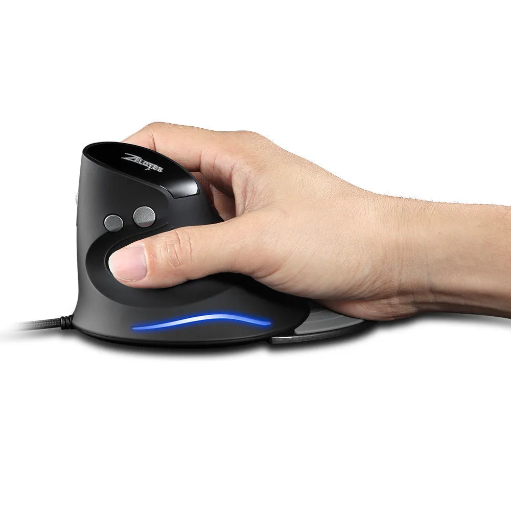 Vertical snail-type ergonomic wired mouse in black with 6 buttons, USB cable, and DPI indicator