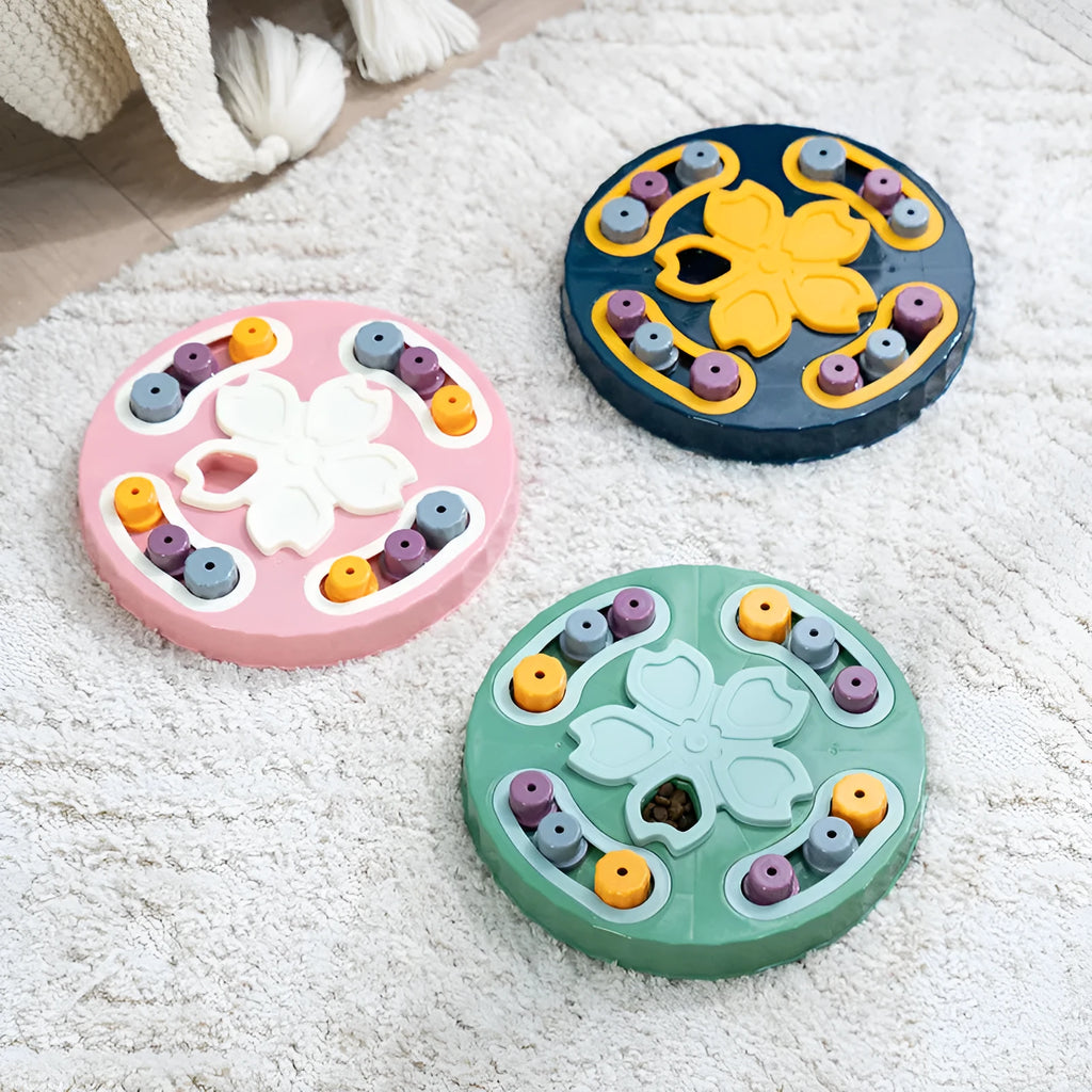 Blue interactive dog feeding toy with slow food plate design for educational mealtime enrichment