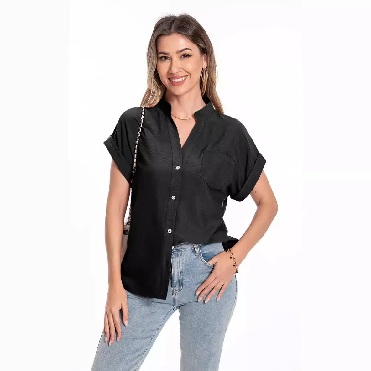 Women's stand collar button summer top in loose fit with short raglan sleeves