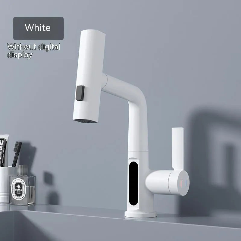 Digital display kitchen tap with pull-out spray hose showing temperature readout