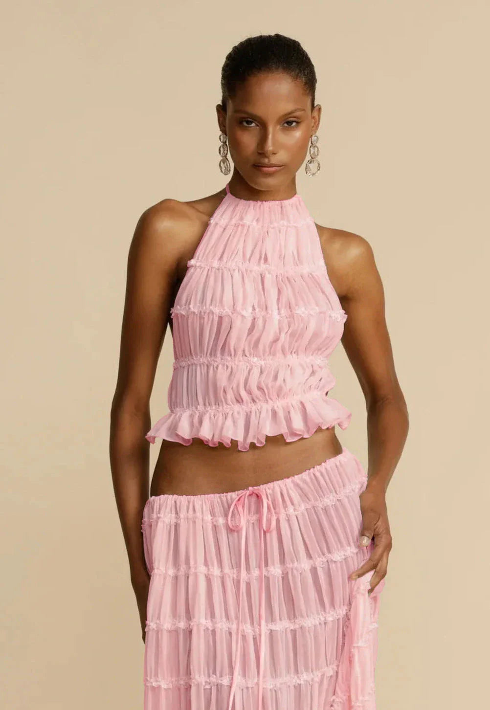 Sleeveless backless cropped halter top and pleated maxi dress set in various colors