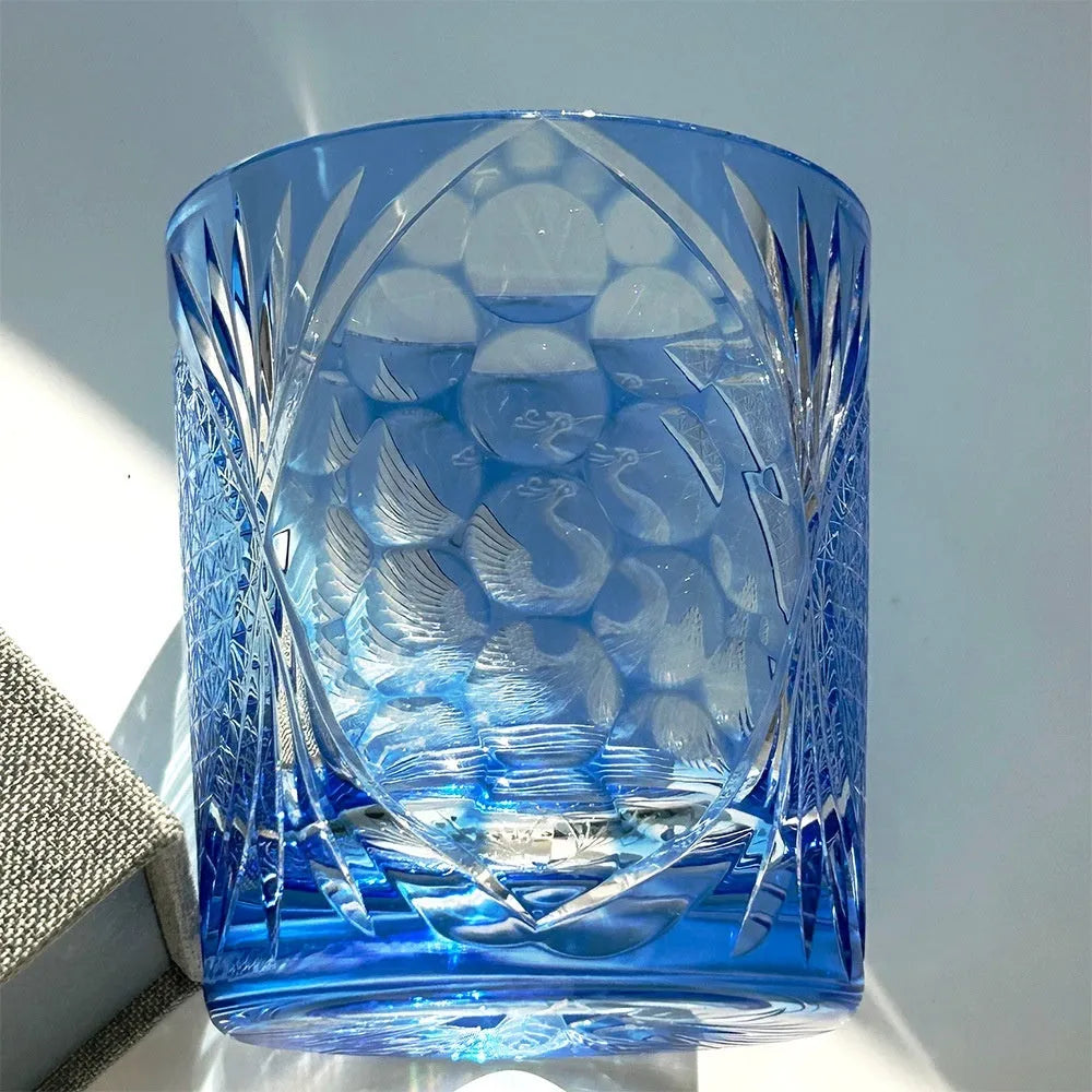 Crystal glass hand carved whiskey shot glass in crane water blue sky blue colour 90x100mm