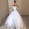 Off-shoulder V-neck white wedding dress with long swing skirt, thin satin and acrylic fibre, sizes S-XXXL