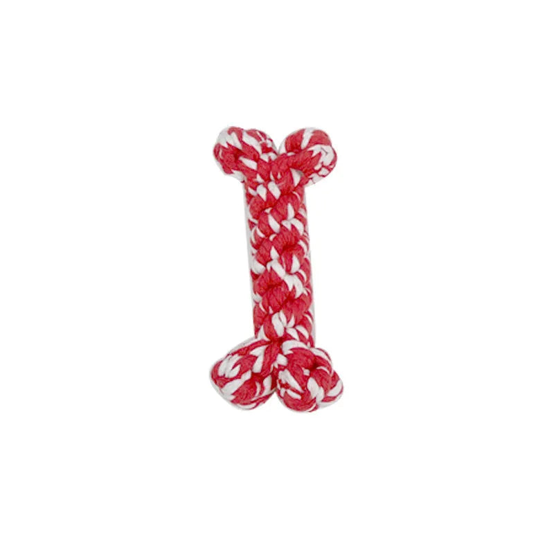 Red and white cotton rope dog knot toy in bone shape – 15cm long, suitable for small dog teething and interactive play