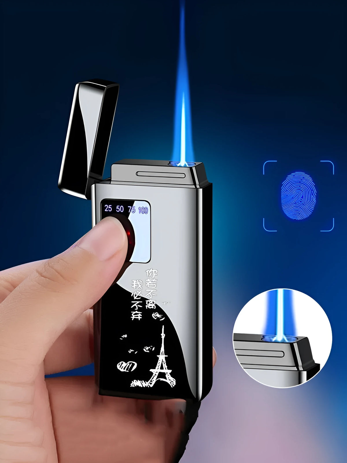 Touch-screen electronic lighter with alloy body, adjustable flame, and electroplated finish in black ice colour