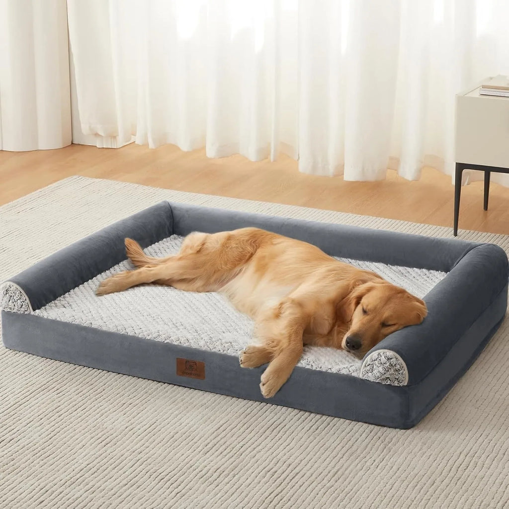 Rectangular cloth dog sleeping mat in gray colour on a floor, with soft padding for indoor use