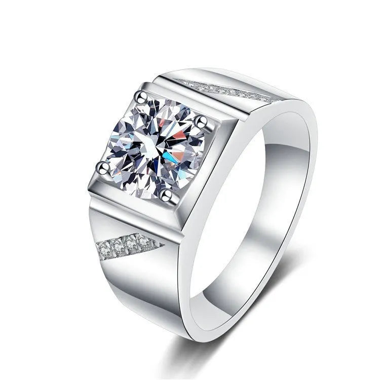 Men's large square diamond ring in copper with adjustable opening, shown in gold and platinum colours.