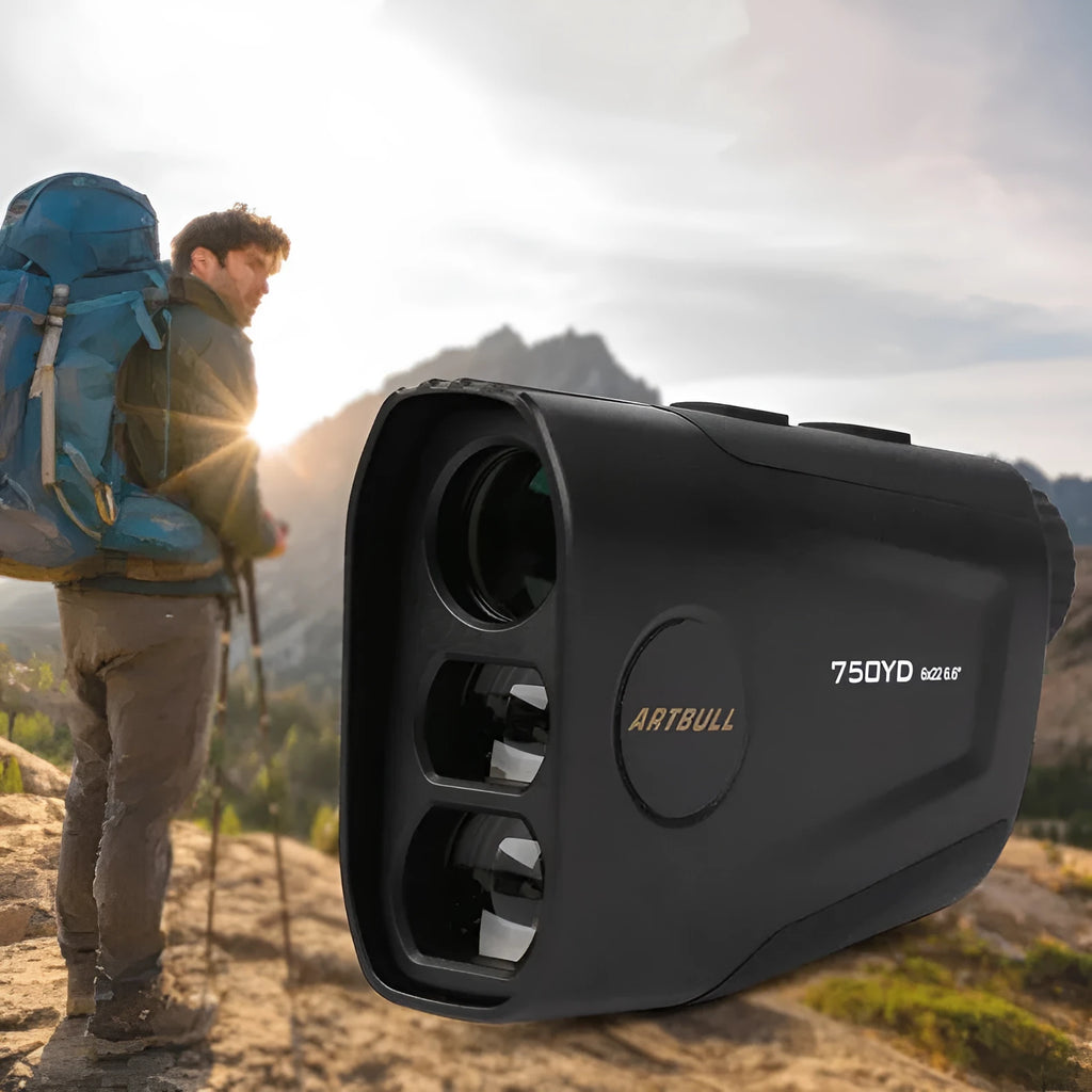 Golf laser rangefinder with slope compensation and flag vibration lock showing LCD display and measurement modes