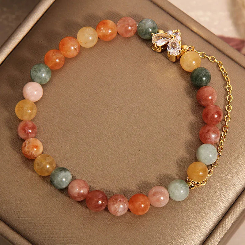 Fu Lu Shou crystal bracelet with three V-shaped zircon charms on silver-tone chain