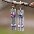 Antique finish red sapphire geometric ellipse earrings with electroplated metal retro style