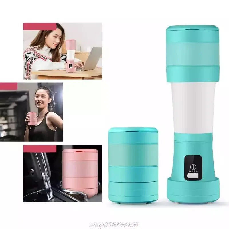 Blue portable personal blender with 450ml cup, shown extended and folded, with USB charging cable