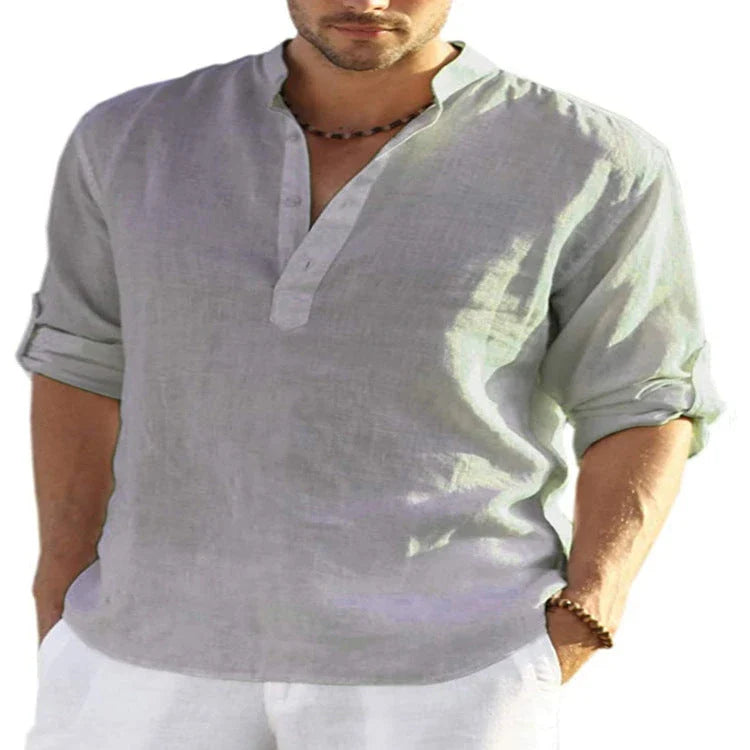 Stylish casual cotton and linen men's shirt with stand collar in various colors