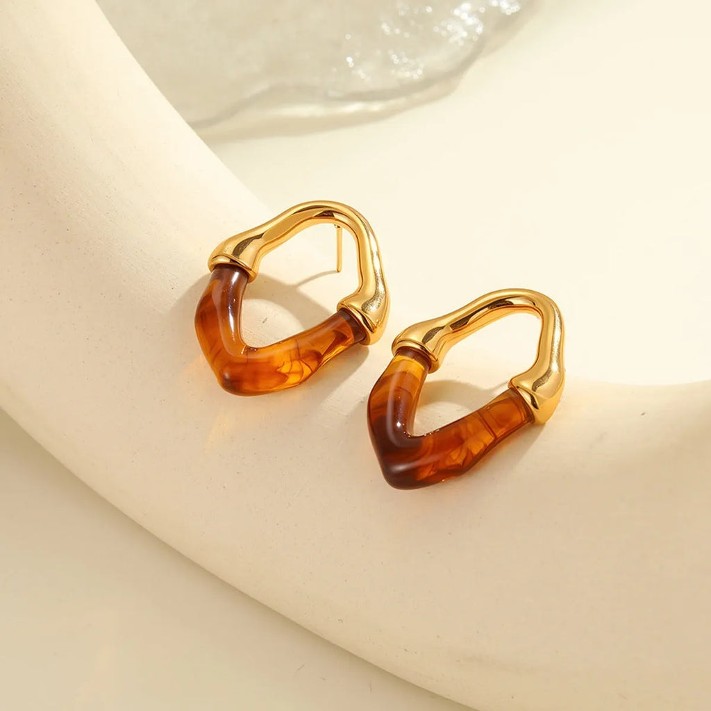 Women's stainless steel drop earrings with colour resin stitching and 18K electroplated finish in pink option