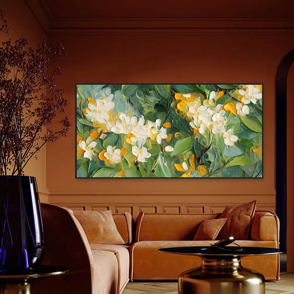 Handmade abstract floral oil painting on canvas with 3D texture, crabapple blossoms, frameless rolled artwork