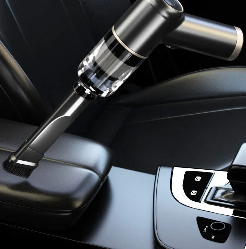 Black handheld cordless car vacuum cleaner with 4500PA suction and multiple attachments on a white background.
