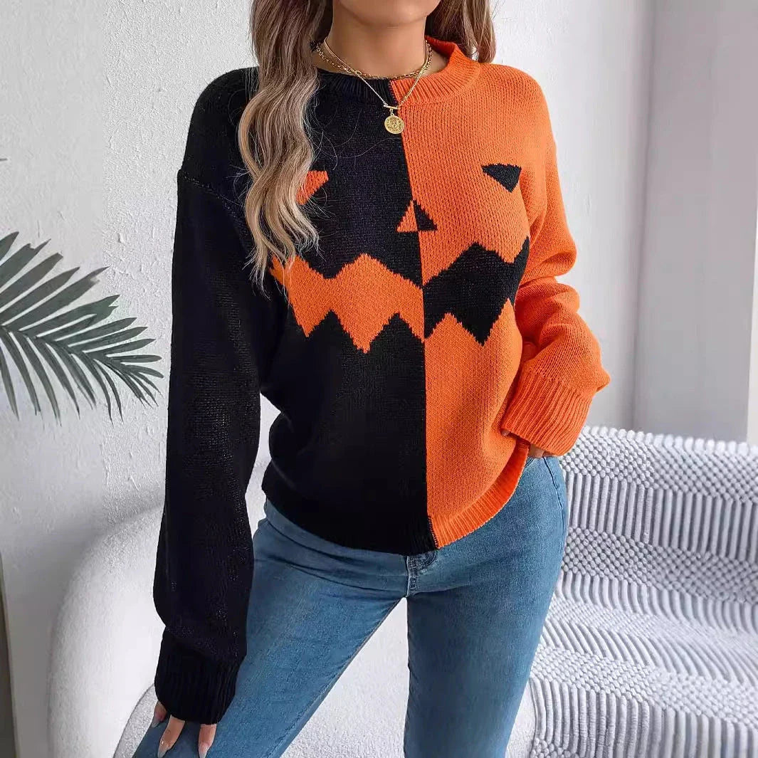 A cozy, acrylic Halloween pullover sweater with a ghostly design in autumnal colors