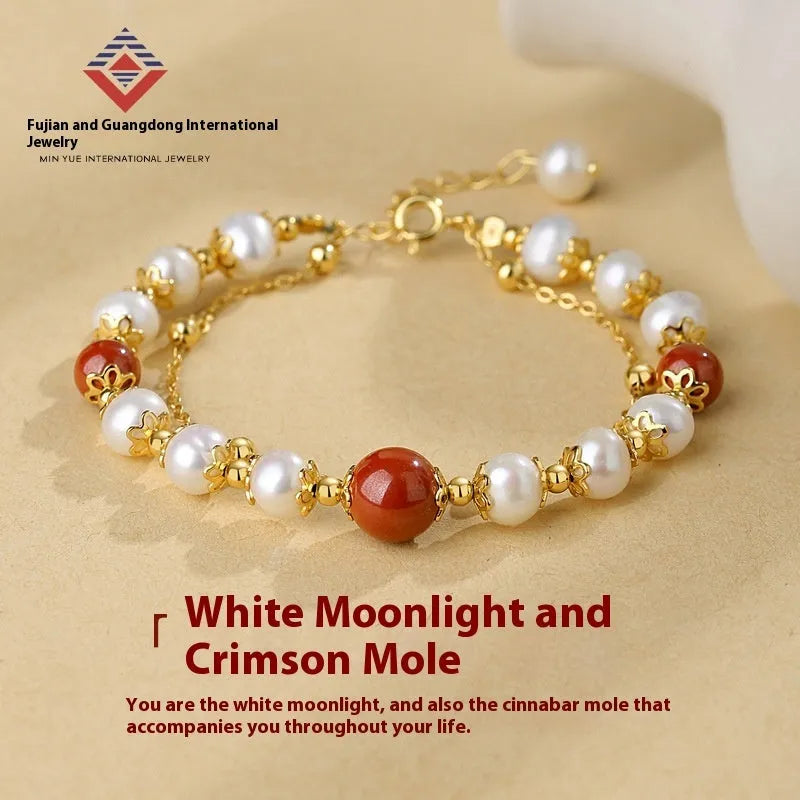 Sterling silver double-layer bracelet with freshwater pearls and cinnabar red bean charms