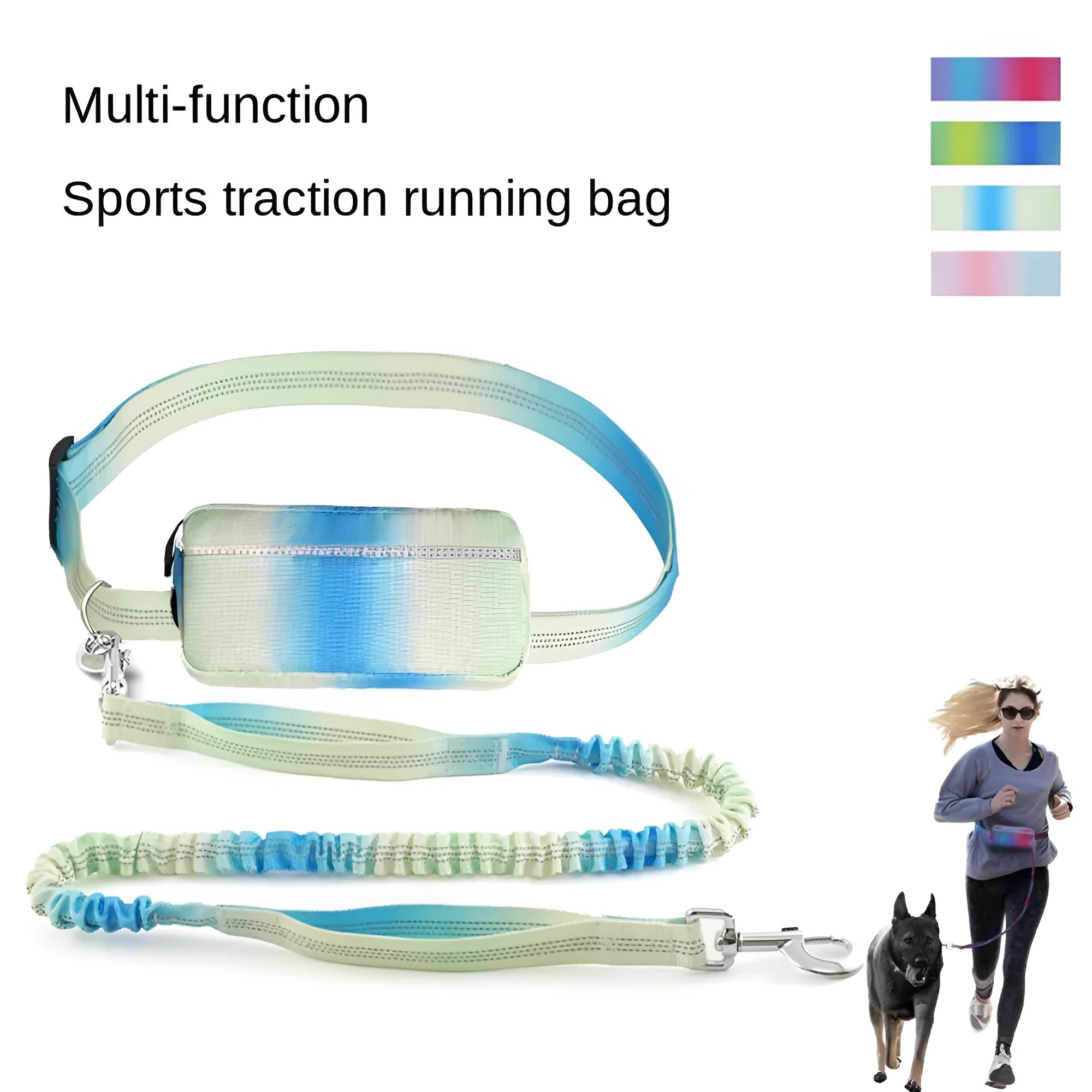 Blue hands-free dog leash with adjustable waist belt and traction rope for walking and running