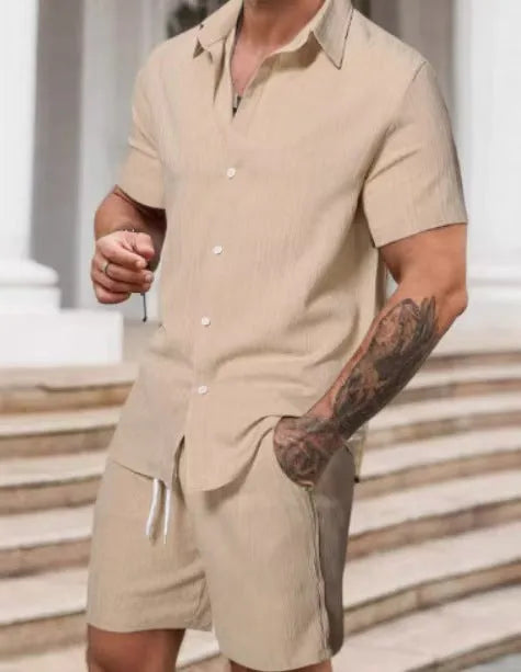 Striped printed casual men's suit comprising a short sleeve shirt and matching shorts in colour YT50313P1.