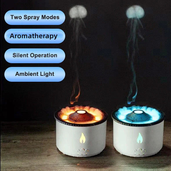 Ultrasonic Aromatherapy Diffuser with mesmerizing flame and jellyfish-inspired light effects, providing customizable relaxation and ambiance