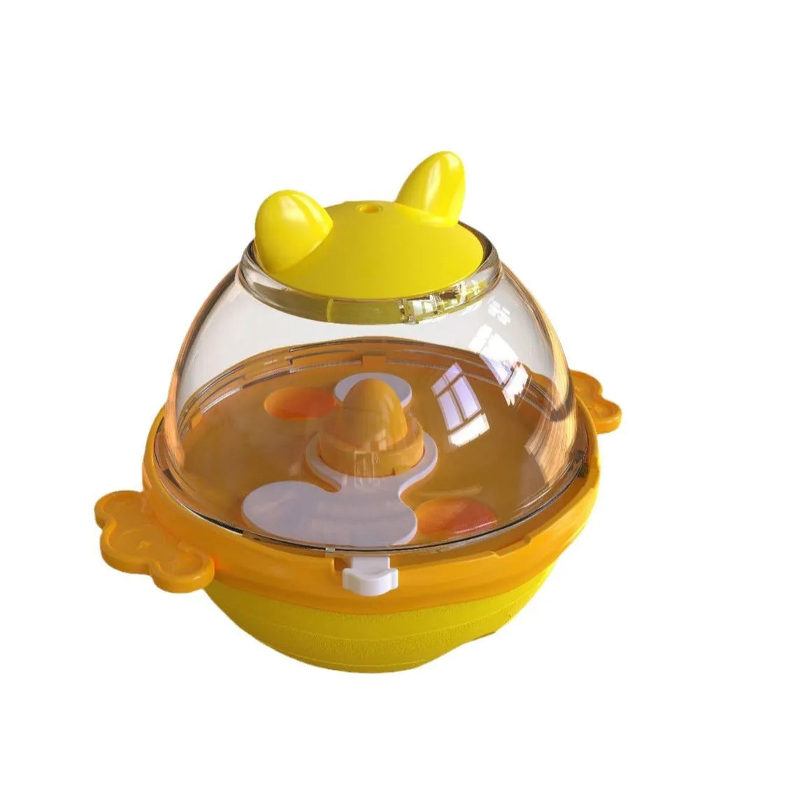 Yellow lake blue TPR dog food tumbler toy measuring 11.2 x 13.9 x 12.2 cm