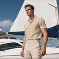 Men's loose-fit linen short-sleeved shirt in cotton blend fabric, cardigan style, solid colour options
