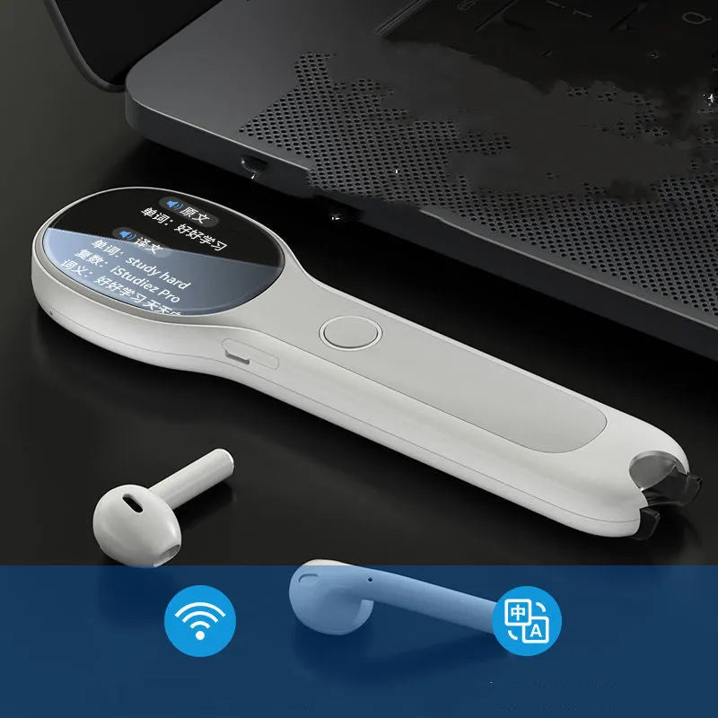 White electronic reading pen with USB charging cable for unlimited book compatibility and bilingual support