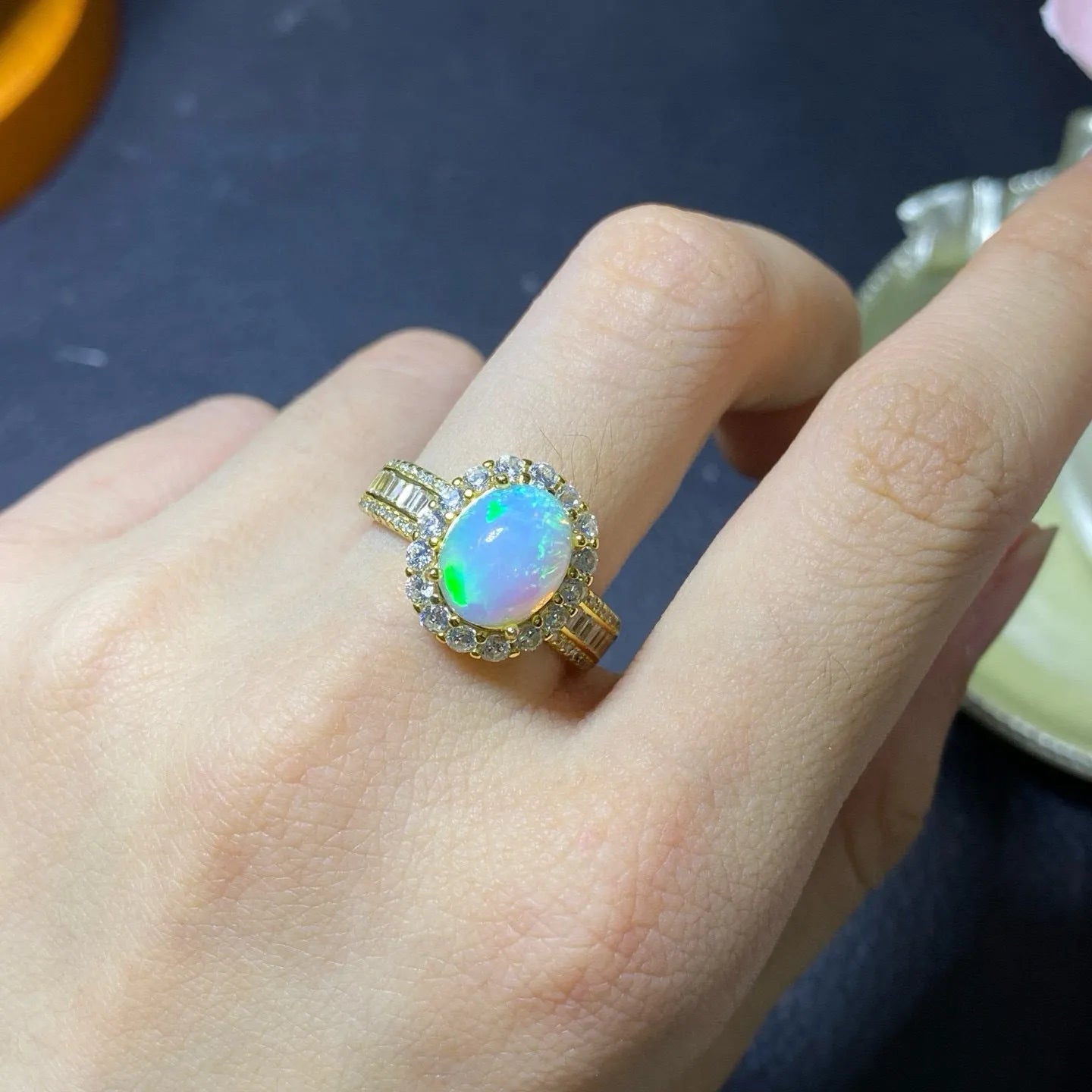 Handmade adjustable sterling silver ring with natural Ethiopian opal stone in gold plating options