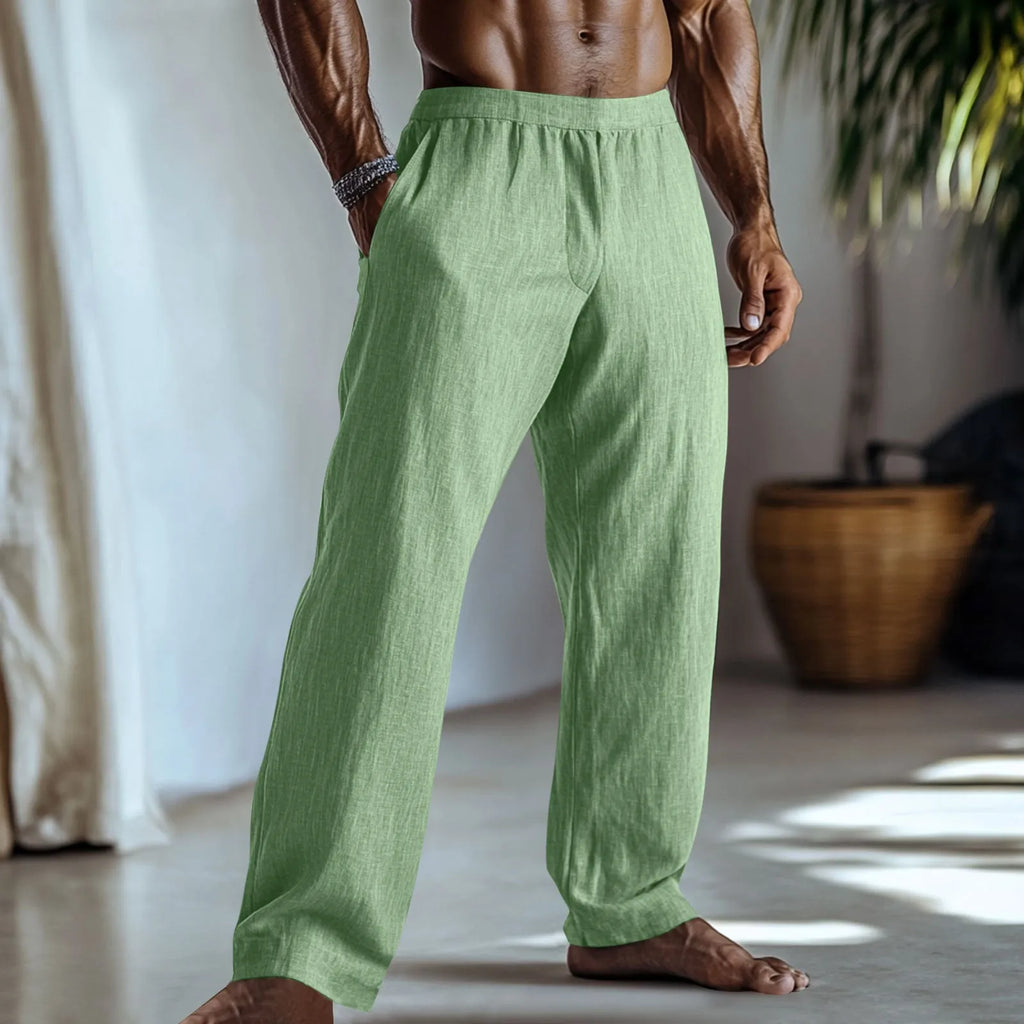 Straight-leg casual trousers in cotton and linen fabric on a hanger.
