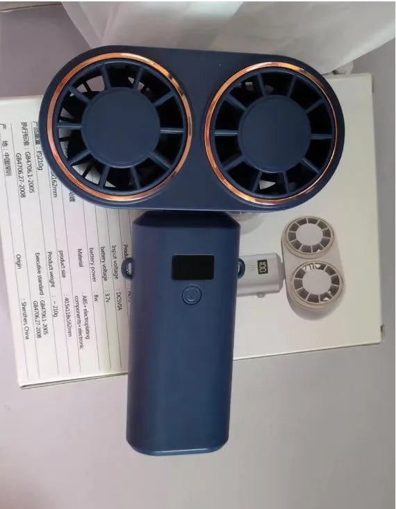 USB rechargeable handheld mini fan with digital display showing battery level