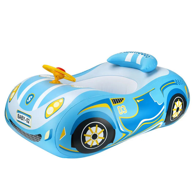 Pink children's inflatable swimming ring with mini steering wheel and sports car boat cartoon design